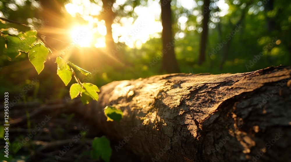 Poster Sunlight streaming through leaves on a fallen log in a tranquil forest : Generative AI