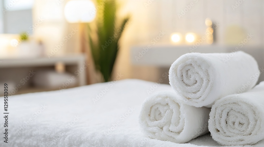 Poster soft white rolled towels stacked on a clean spa table for relaxation and comfort : generative ai