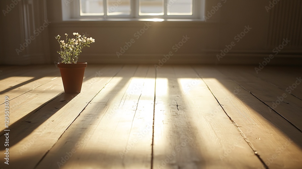 Poster sunlit indoor space showcasing a single flower pot casting shadows on a wooden floor with warm light