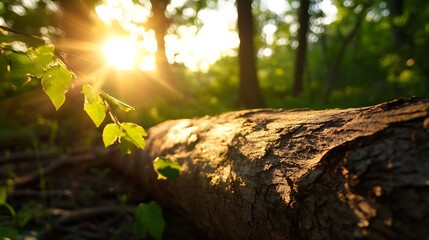 Obraz premium Sunlight streaming through leaves on a fallen log in a tranquil forest : Generative AI