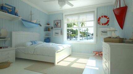 Nautical Themed Childrens Bedroom Decorated In White And Blue