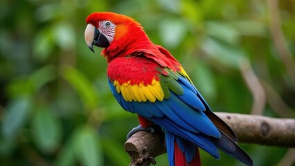 Fototapeta premium A vibrant scarlet macaw perched on a branch, showcasing its colorful feathers in a lush green environment.