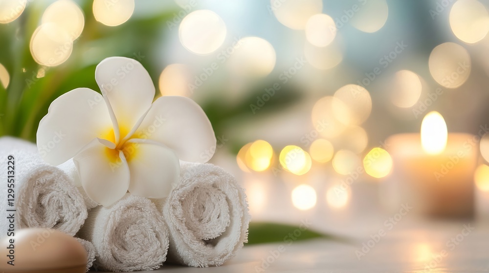 Leinwandbilder relaxing spa setup with white towels a fragrant flower and ambient glowing candles : generative ai