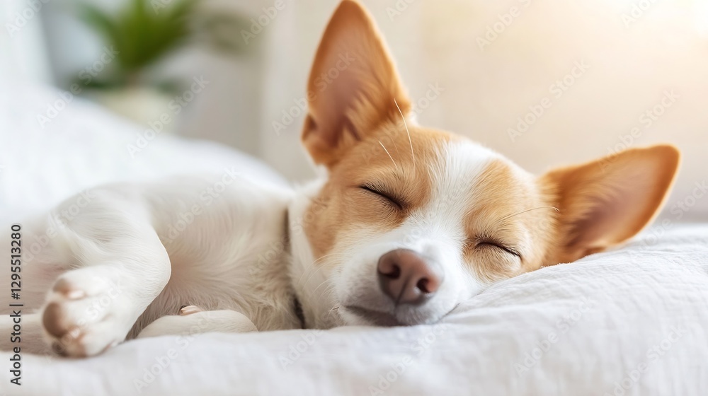 Poster sleeping dog on cozy bed with sunlight streaming in creating a peaceful atmosphere : generative ai