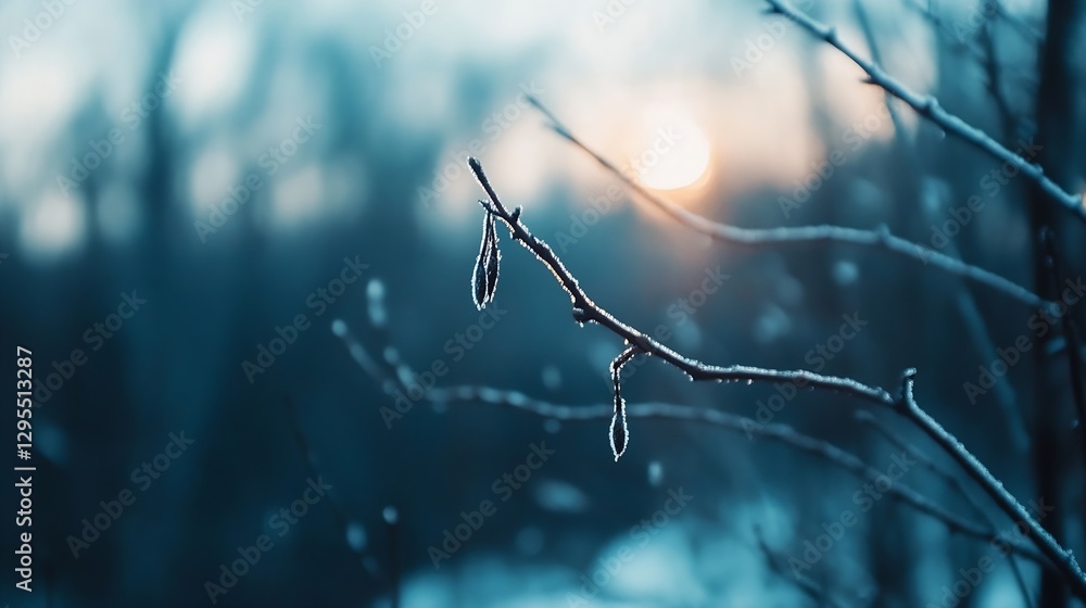 Poster Delicate Frost Covered Branch at Dawn with Soft Blue Background : Generative AI