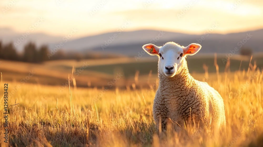 Poster charming sheep standing in a golden field during sunset with rolling hills in the background : gener