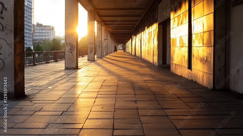 Poster An empty urban walkway illuminated by the golden light during sunset showcasing modern architecture : Generative AI