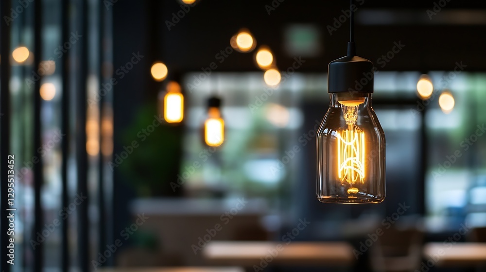 Poster stylish hanging light bulb with warm glow in a modern cafe environment : generative ai
