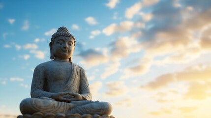 Fototapeta premium Buddha Statue Silhouetted Against Colorful Skies at Sunset for Tranquility and Reflection : Generative AI