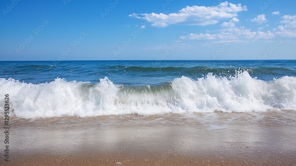 Poster stunning view of ocean waves crashing on shore under a bright blue sky with fluffy clouds : generati