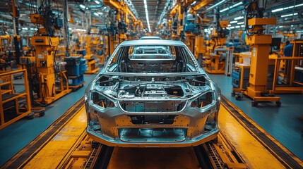 Workers in an Indian automotive manufacturing plant, assembling electric vehicles, futuristic car designs, modern production technology