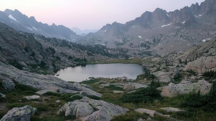 Serene Mountain Lake at Dawn Rocky Landscape