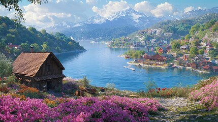 Naklejka premium Picturesque Lakeside Village nestled among Lush Green Mountains and Blooming Flowers