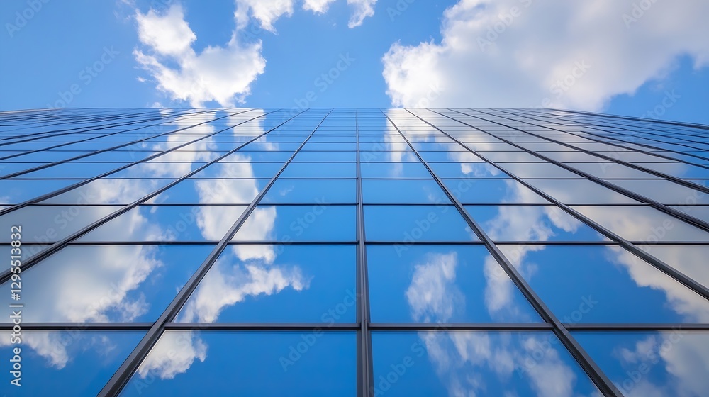 Poster Stunning view of a highrise glass building reflecting clouds in a clear blue sky during daytime : Generative AI
