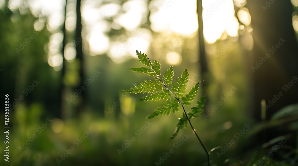 Poster Lush green fern leaf illuminated by sunlight in peaceful forest environment : Generative AI