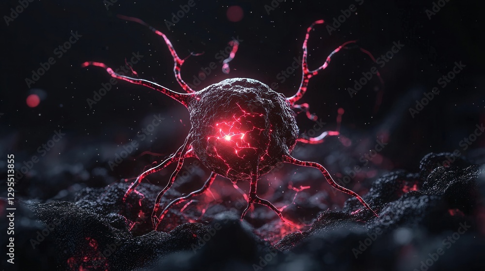 Poster glowing neuron on dark surface with branching tendrils and bokeh in the dark background