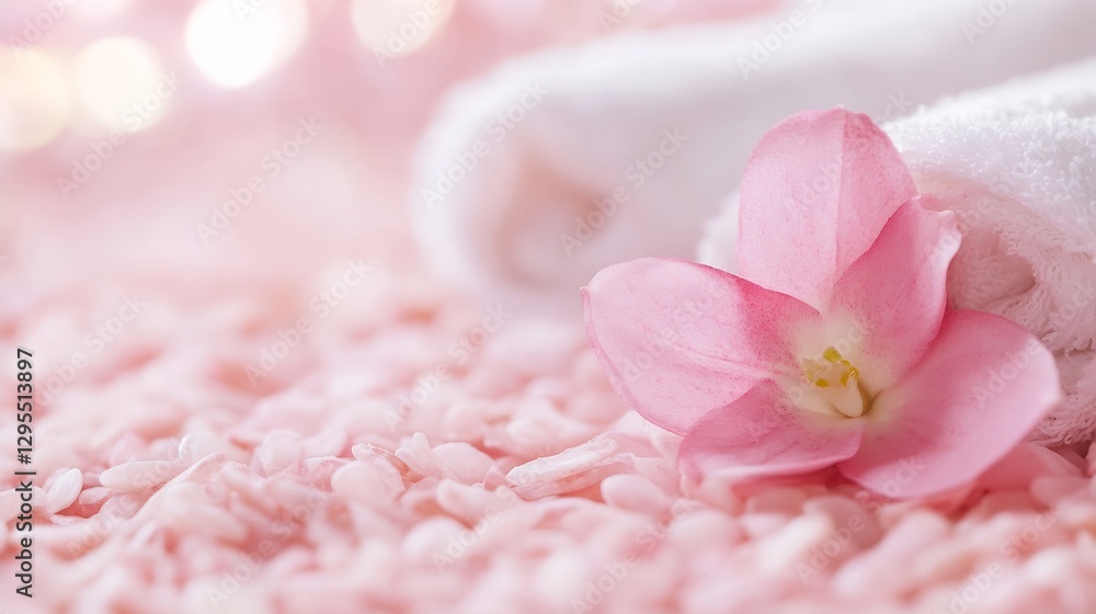 Poster delicate pink flower on soft towels surrounded by pink bath salts creating inviting spa atmosphere :