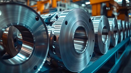Fototapeta premium A row of aluminum rolls is arranged in the production area of the plant