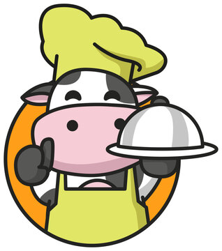 Cute cow chef holding a tray vector mascot