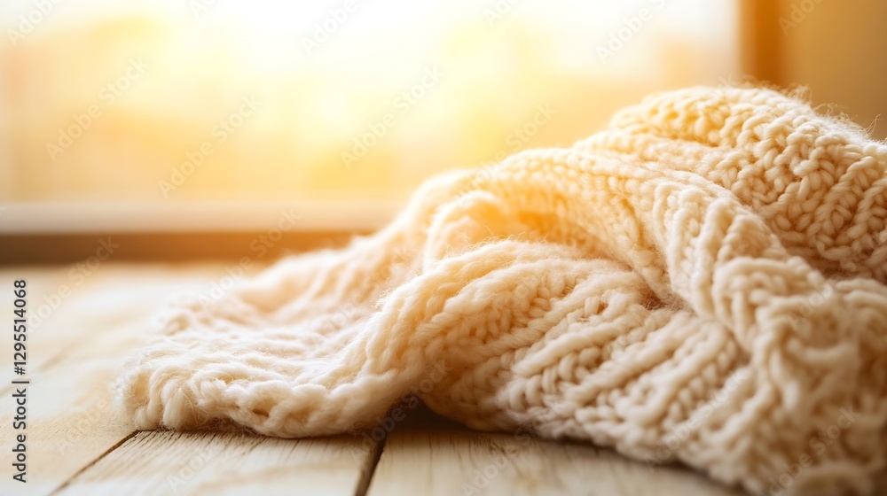Poster warm knitted blanket on wooden table with soft natural light : generative ai