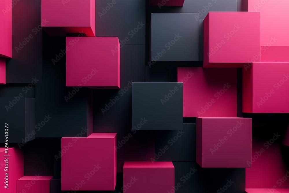 Poster abstract minimalist geometric background in dark pink and black with 3d cube elements
