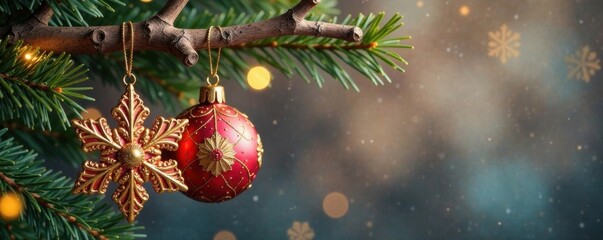 Obraz premium Ornate metal ornaments in gold finish shaped like snowflakes and animals hanging on a wooden branch, shape, gold, animal