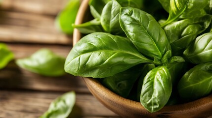 Fototapeta premium Freshly Picked Basil Leaves in a Rustic Wooden Bowl on a Table : Generative AI