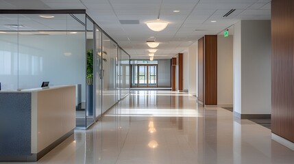 Fototapeta premium Modern office hallway with glass walls and contemporary design aesthetic : Generative AI