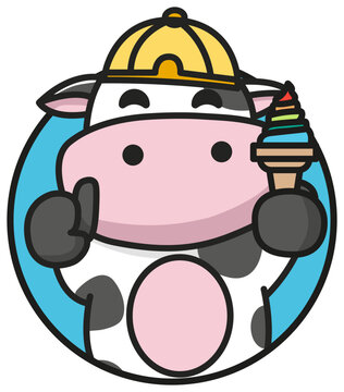 Cute cow eating ice cream vector mascot