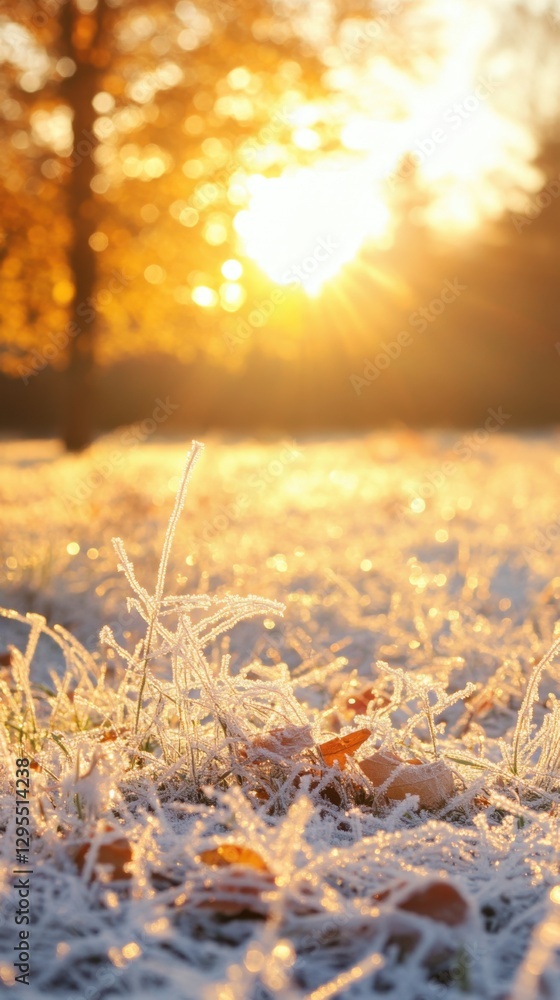 Poster golden hour sunlight illuminating frosted grass and fallen leaves creating a serene winter landscape