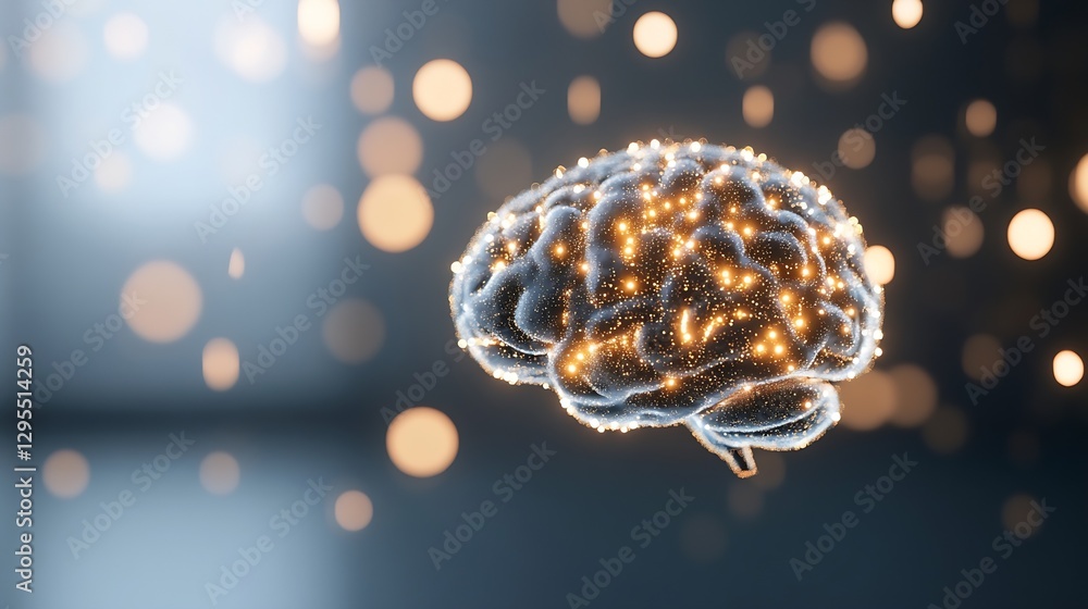 Poster Surreal artistic representation of a sparkling brain illuminated with glowing lights symbolizing intelligence and creativity : Generative AI