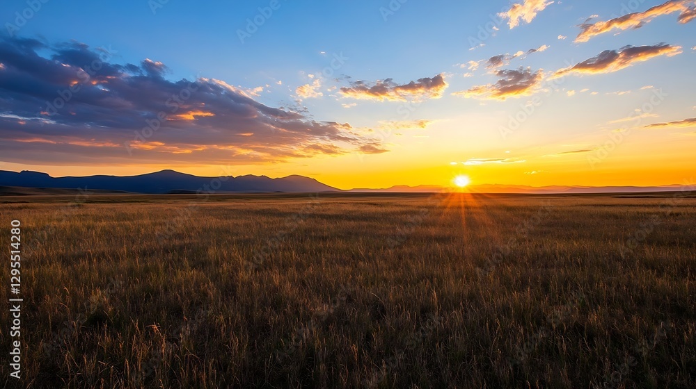 Poster breathtaking sunset over an open field with mountains in the background capturing nature's beauty : 