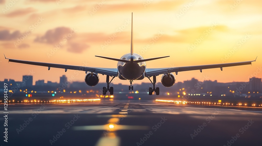 Poster airplane landing at sunset on a runway with city skyline in background : generative ai