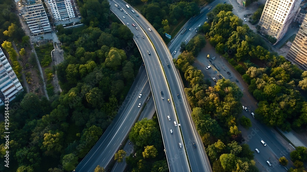 Aufkleber Aerial View of Busy Urban Highway Intersecting Through Lush Greenery : Generative AI