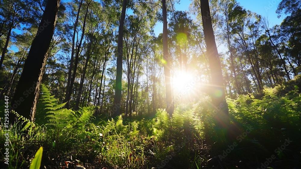Poster sunlight streaming through tall trees in a lush green forest creating a magical peaceful ambiance : 