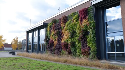 A schoolyard decorated with an educational vertical plant wall.