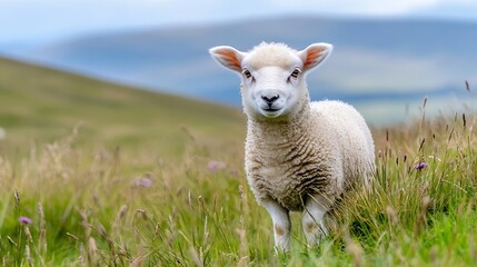 Fototapeta premium Adorable young sheep standing proudly in a lush green meadow surrounded by vibrant wildflowers : Generative AI
