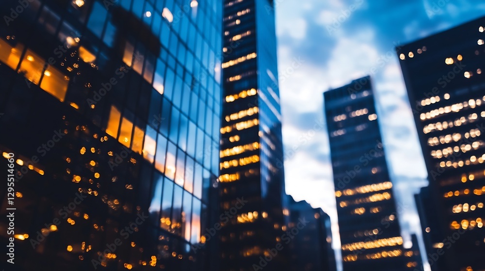 Poster modern cityscape at twilight with skyscrapers illuminated against a night sky background : generativ