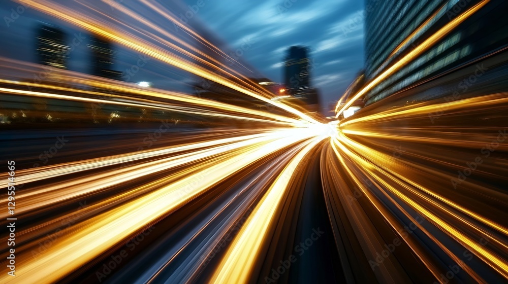 Poster dynamic motion blur of city lights and traffic illuminating the night while driving fast through urb