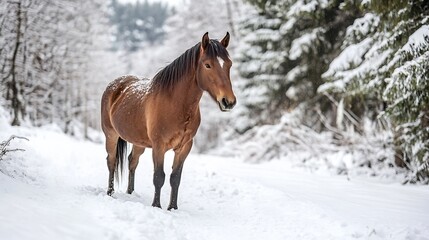 Obraz premium Majestic brown horse standing peacefully in a snowcovered forest path during winter : Generative AI