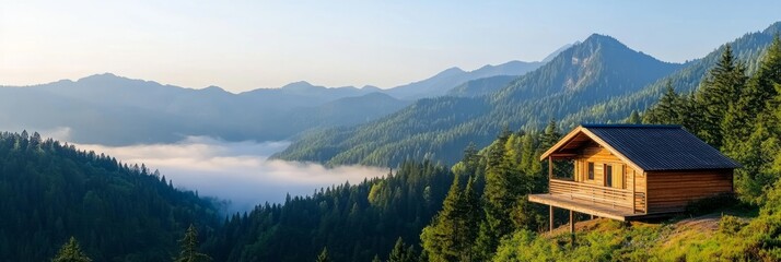 Fototapeta premium Serene Mountain Retreat with Wooden Cabin Overlooking Majestic Forest and Misty Valley at Sunrise in a Peaceful Natural Landscape