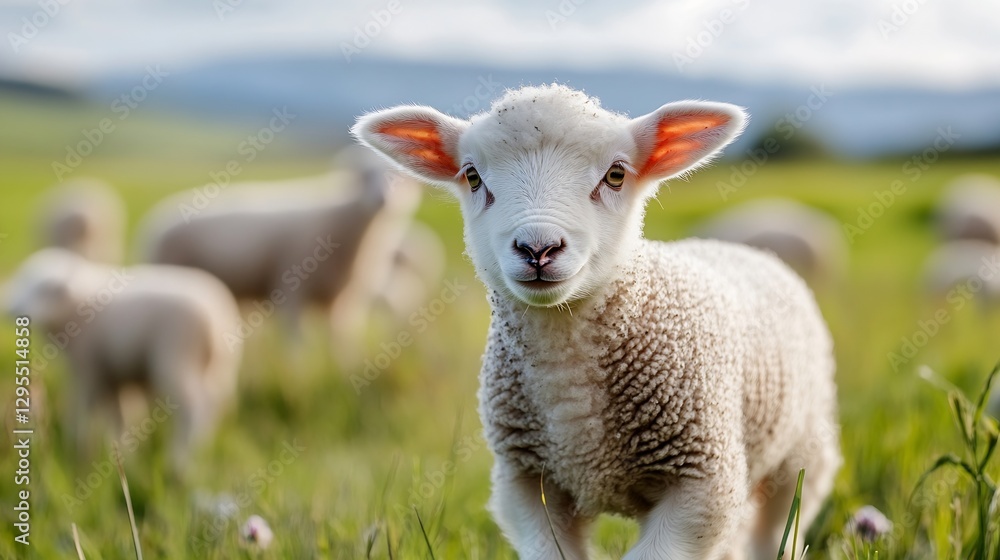 Poster closeup photo of a cute fluffy lamb in a green pasture with sunny skies and other sheep in the backg