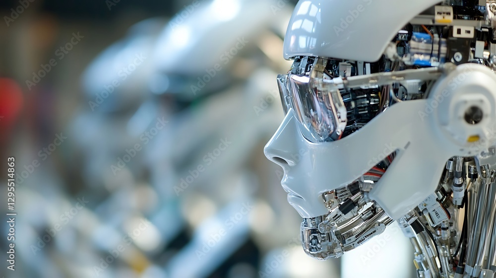 Poster Futuristic Robot Head Displayed at Technology Exhibition Representing Advanced AI Innovations : Generative AI
