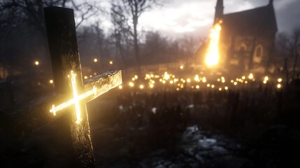 Haunting Graveyard Scene with Illuminated Cross and Burning Church in Background : Generative AI