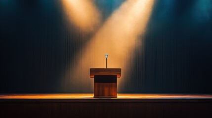 Empty wooden podium with a microphone, lit by spotlights. Ideal for presentations, speeches, and public speaking concepts.