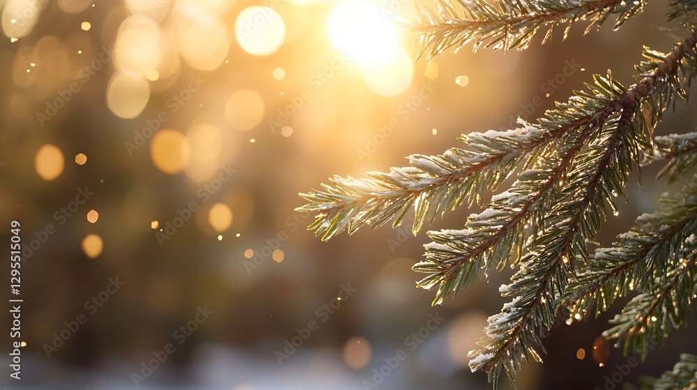 Aufkleber frosty pine branch glistens under warm sunlight creating a magical winter scene : generative ai