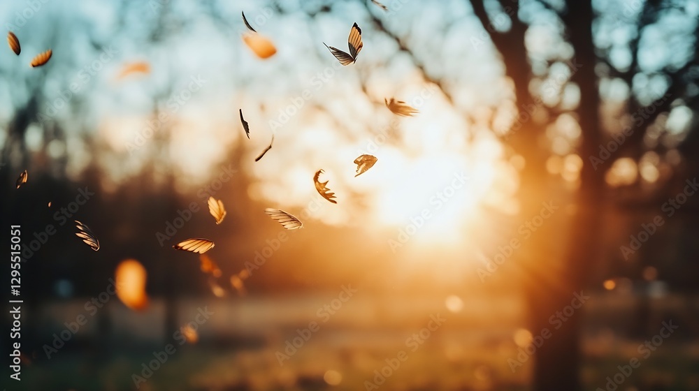 Aufkleber autumn leaves floating in the sunlight with a warm glowing background : generative ai