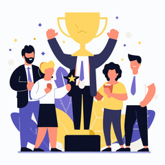 Business team celebrating achievement with a trophy-headed leader in a corporate setting.