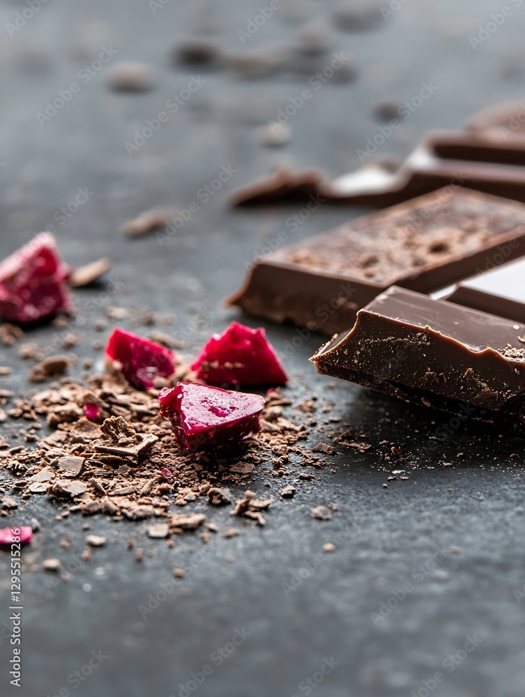 Poster delicious dark chocolate pieces scattered with crumbs and raspberry on dark stone : generative ai