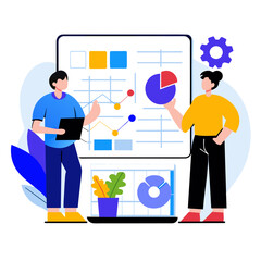 Fototapeta premium Young professionals in casual attire presenting data visualizations in a modern office setting. Two colleagues engaging in a collaborative presentation with graphs and charts on a digital display.